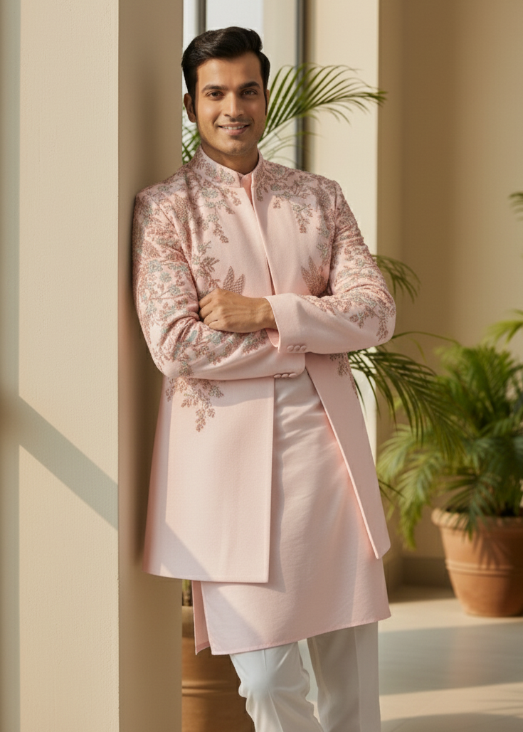 Wedding Pink Indo Western Achkan Sherwani with Bird Embroidery