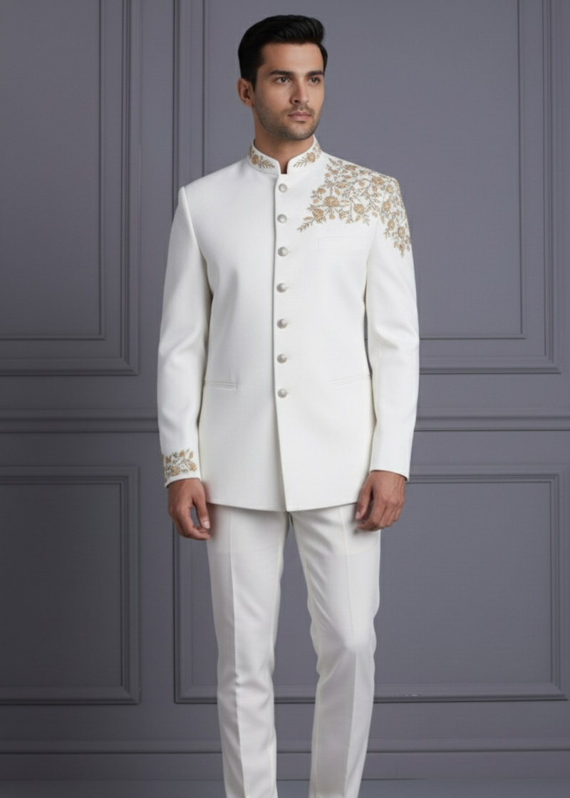 White Bandhgala with Gold Embroidery