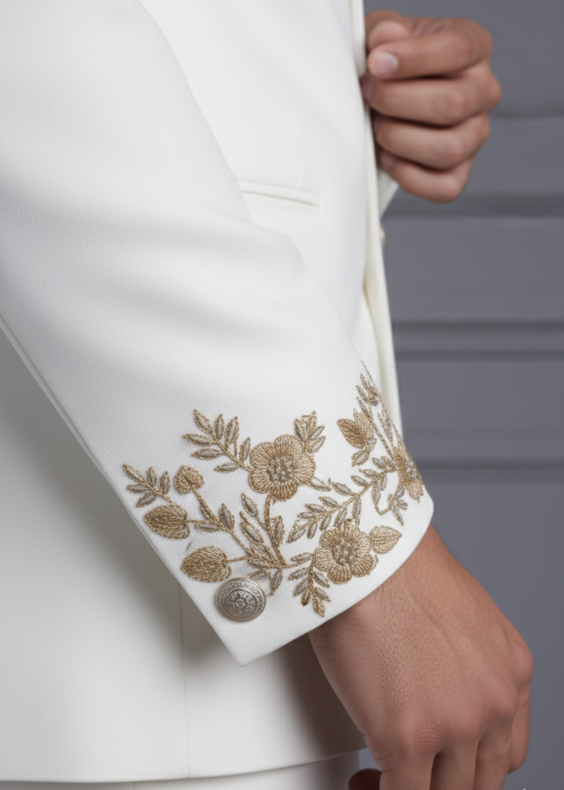 White Bandhgala with Gold Embroidery