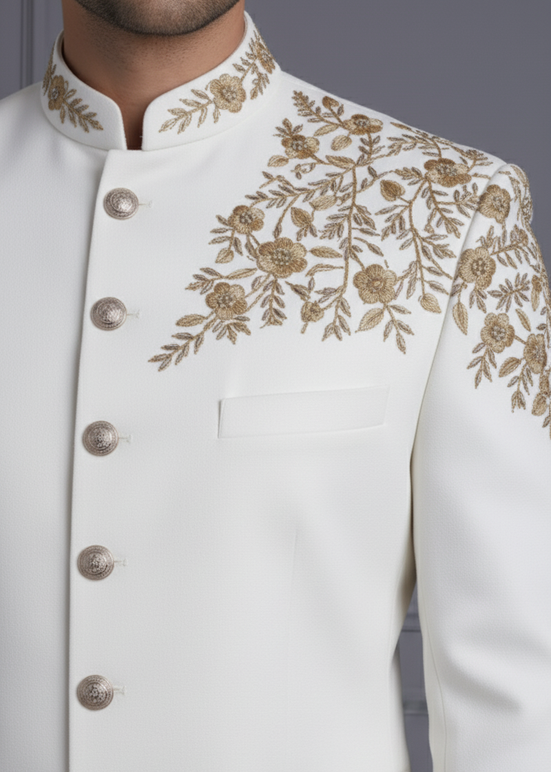 White Bandhgala with Gold Embroidery