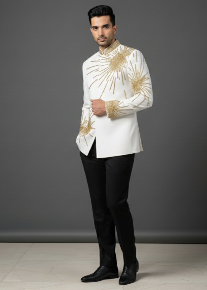 White Cutdana Embroidered Bandhgala