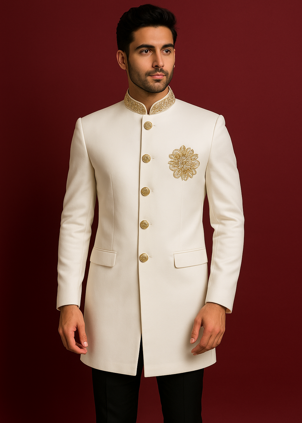 White Embroidered Mid Length Sherwani
