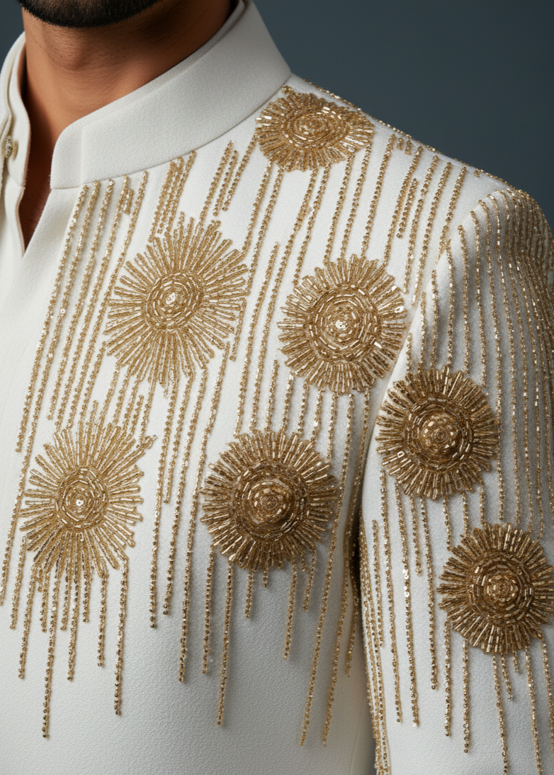 White Hand Embroidered Indo Western Suit