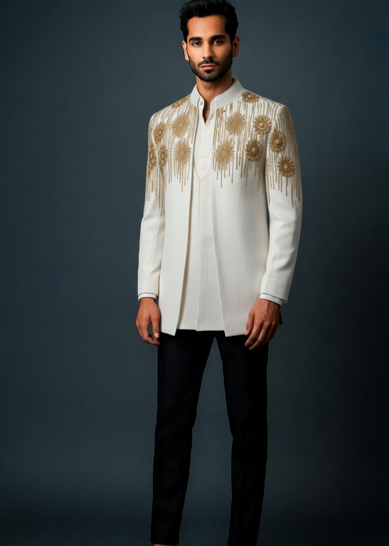 White Hand Embroidered Indo Western Suit