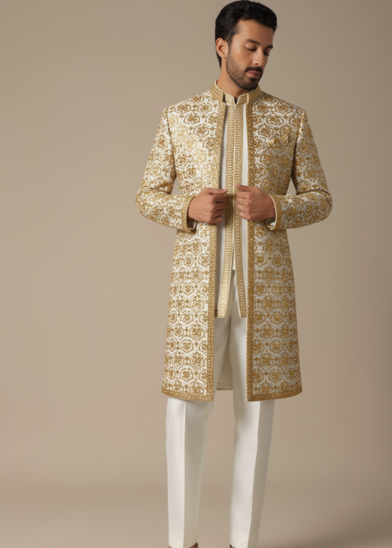 White Indo Western Achkan Sherwani Hand Embroidered In Zardozi for Wedding