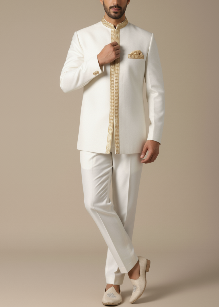 White Indo Western Achkan Sherwani Hand Embroidered In Zardozi for Wedding