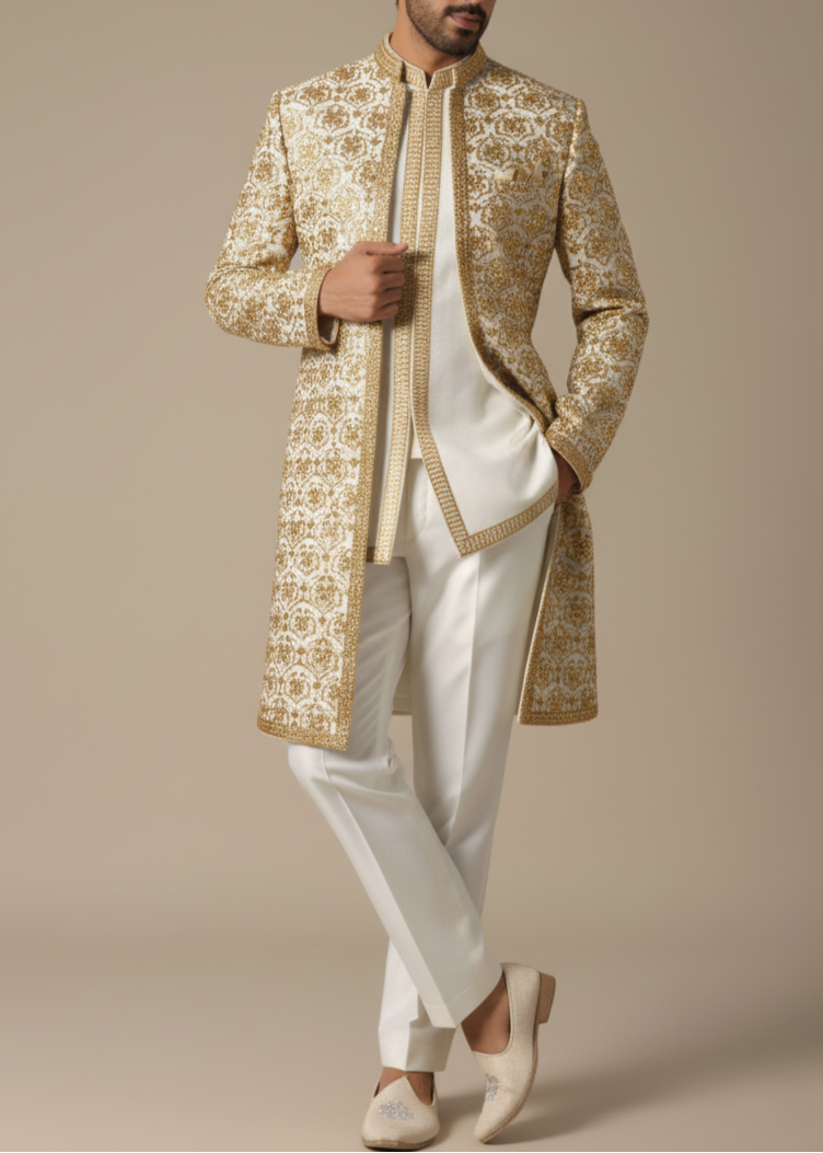 White Indo Western Achkan Sherwani Hand Embroidered In Zardozi for Wedding