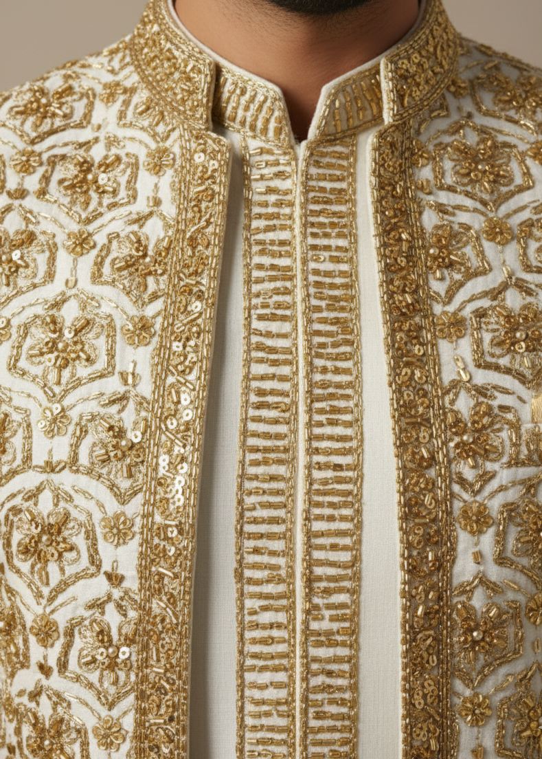Close-up of a gold and white embroidered traditional outfit
