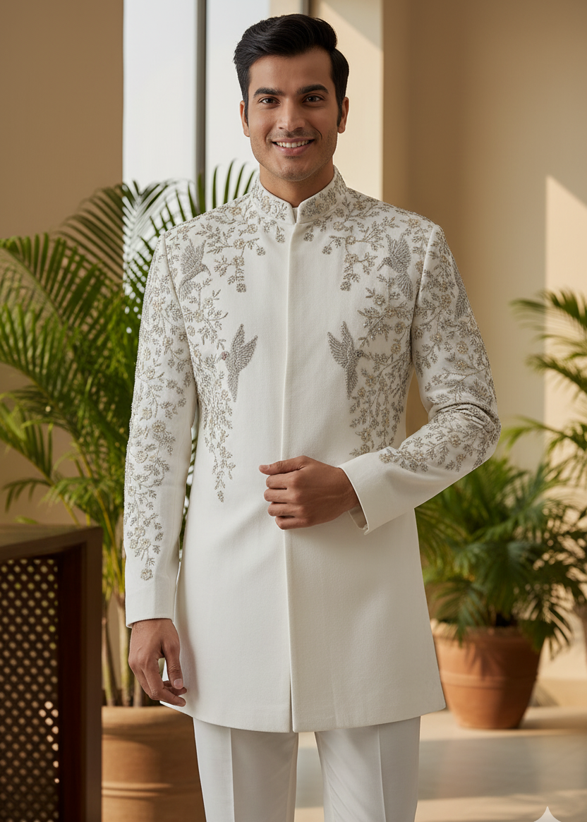 Wedding White Indo Western Achkan Sherwani with Bird Embroidery