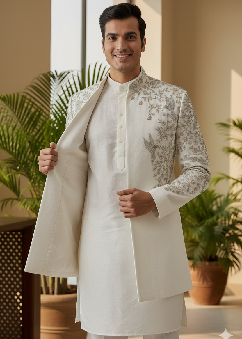 Wedding White Indo Western Achkan Sherwani with Bird Embroidery