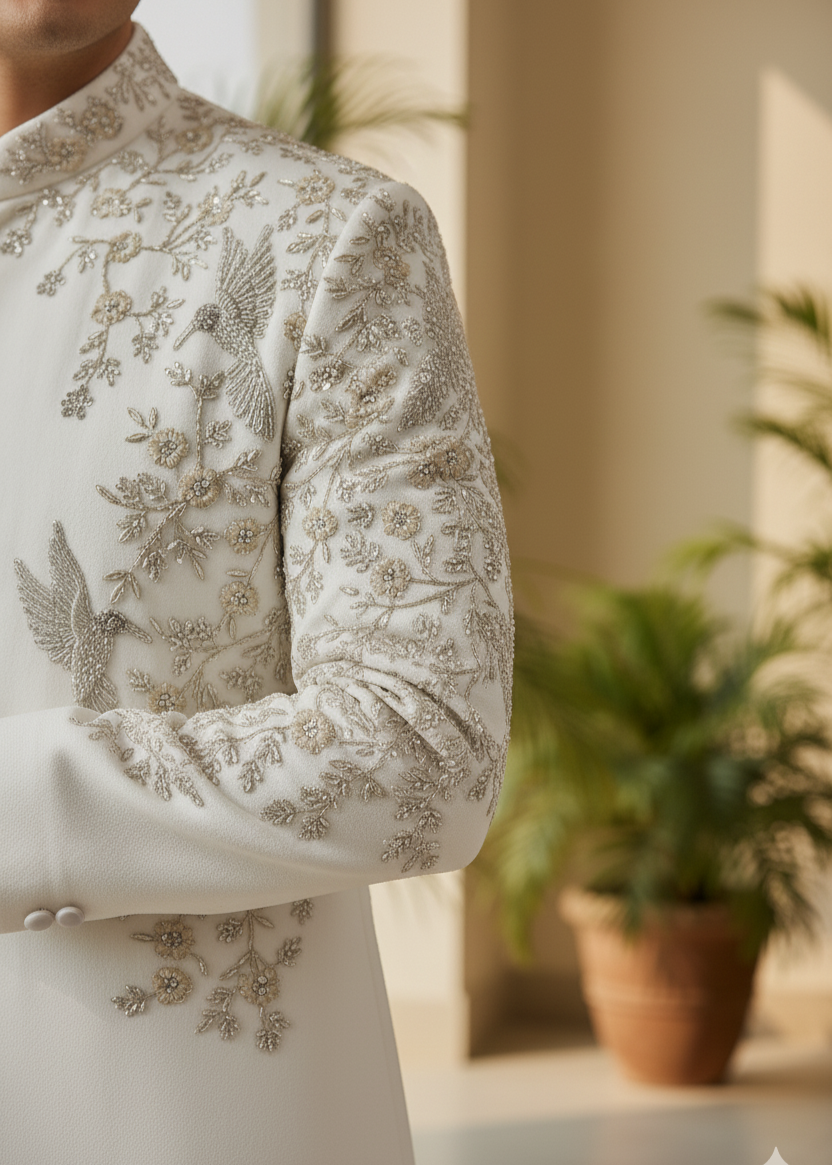 Wedding White Indo Western Achkan Sherwani with Bird Embroidery