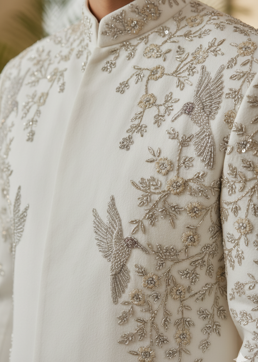 Wedding White Indo Western Achkan Sherwani with Bird Embroidery