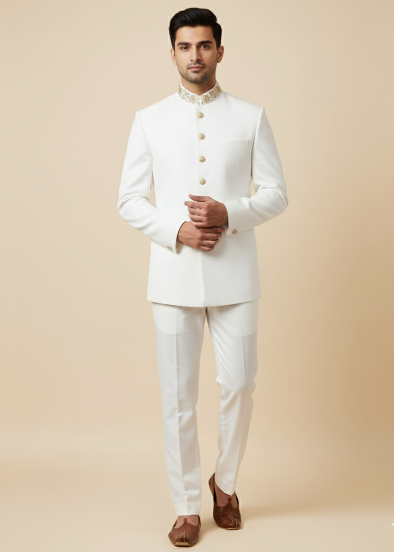 White Jodhpuri Suit with Cutdana Embroidery