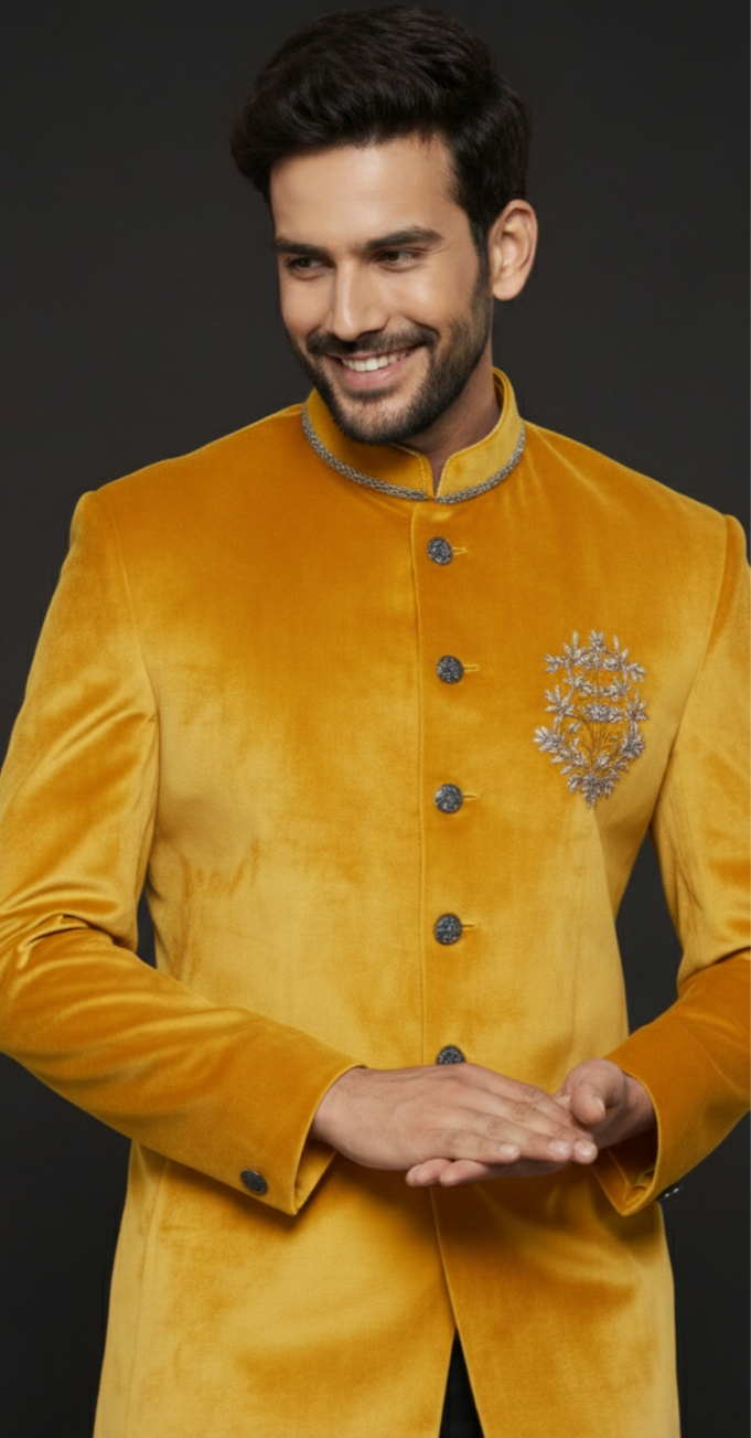 Yellow Velvet Jodhpuri Suit with Silver Embroidery