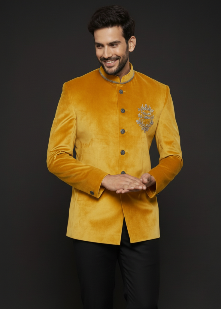 Yellow Velvet Jodhpuri Suit with Silver Embroidery