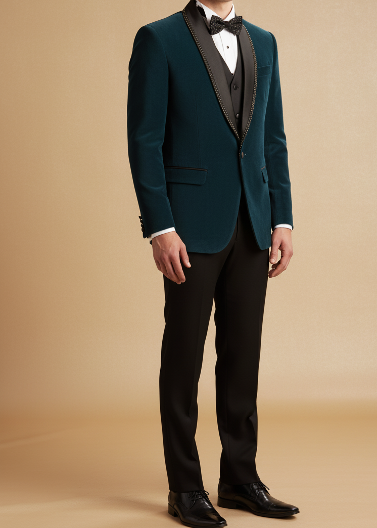 Teal Blue Shawl Lapel Cutdana Embroidered Tuxedo
