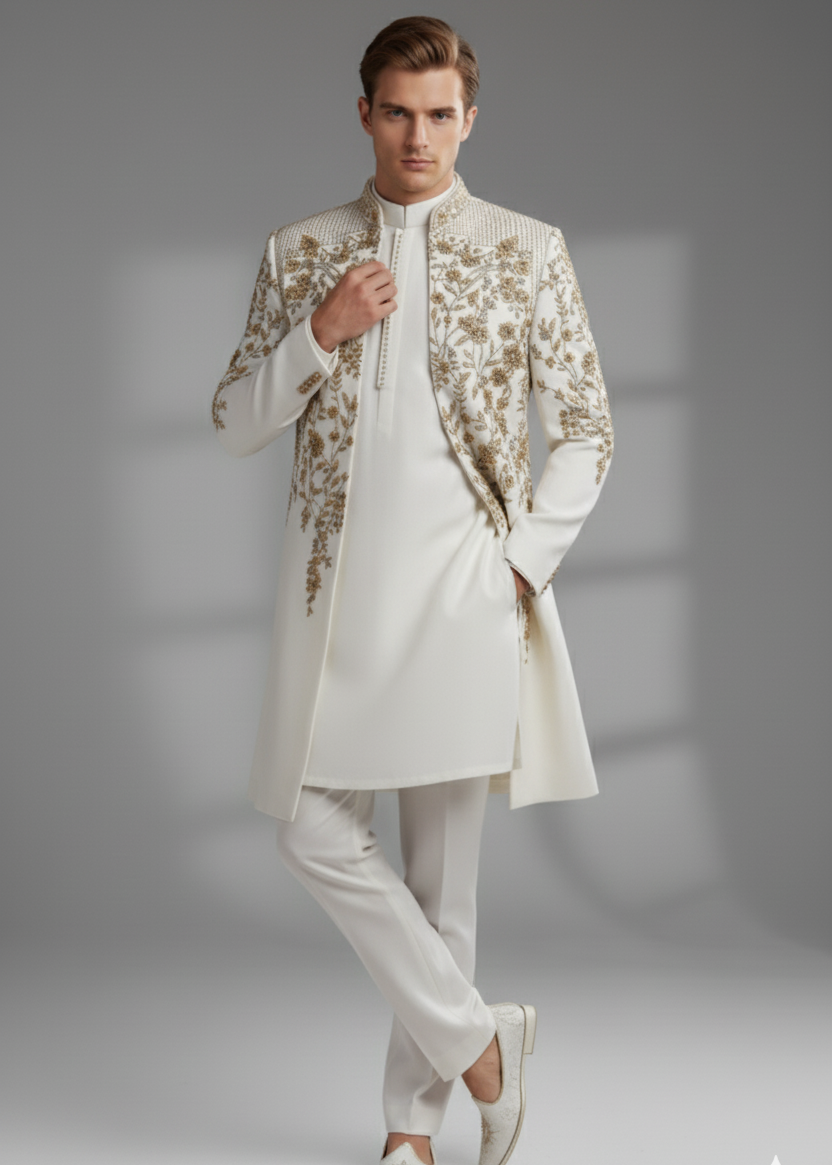 White Indo Western Suit with Gold Zardosi Floral Embroidery
