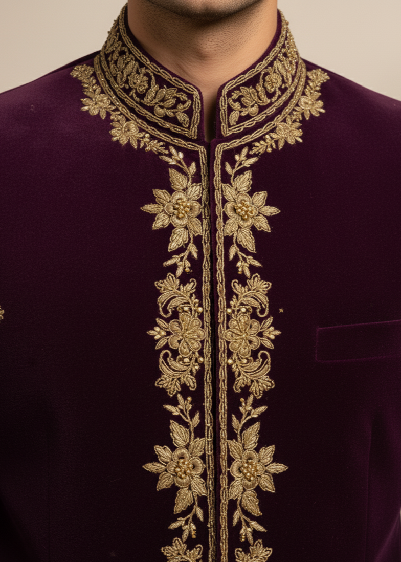 Purple Gold Embroidered Bandhgala Suit