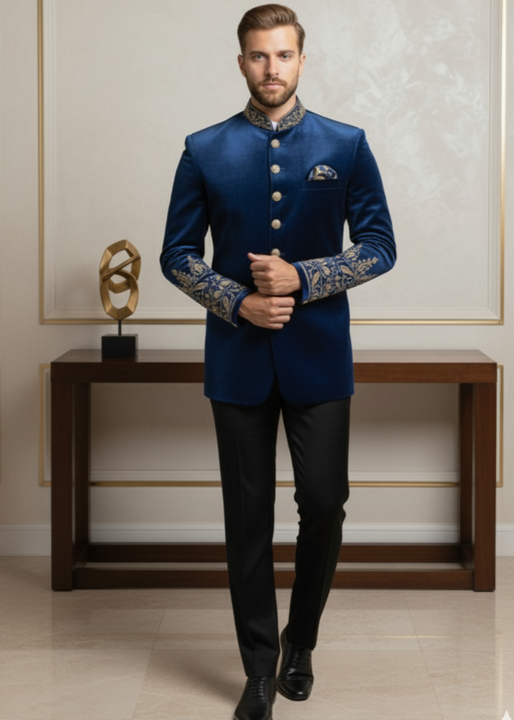 Hand Embroidered Teal Blue Velvet Bandhgala