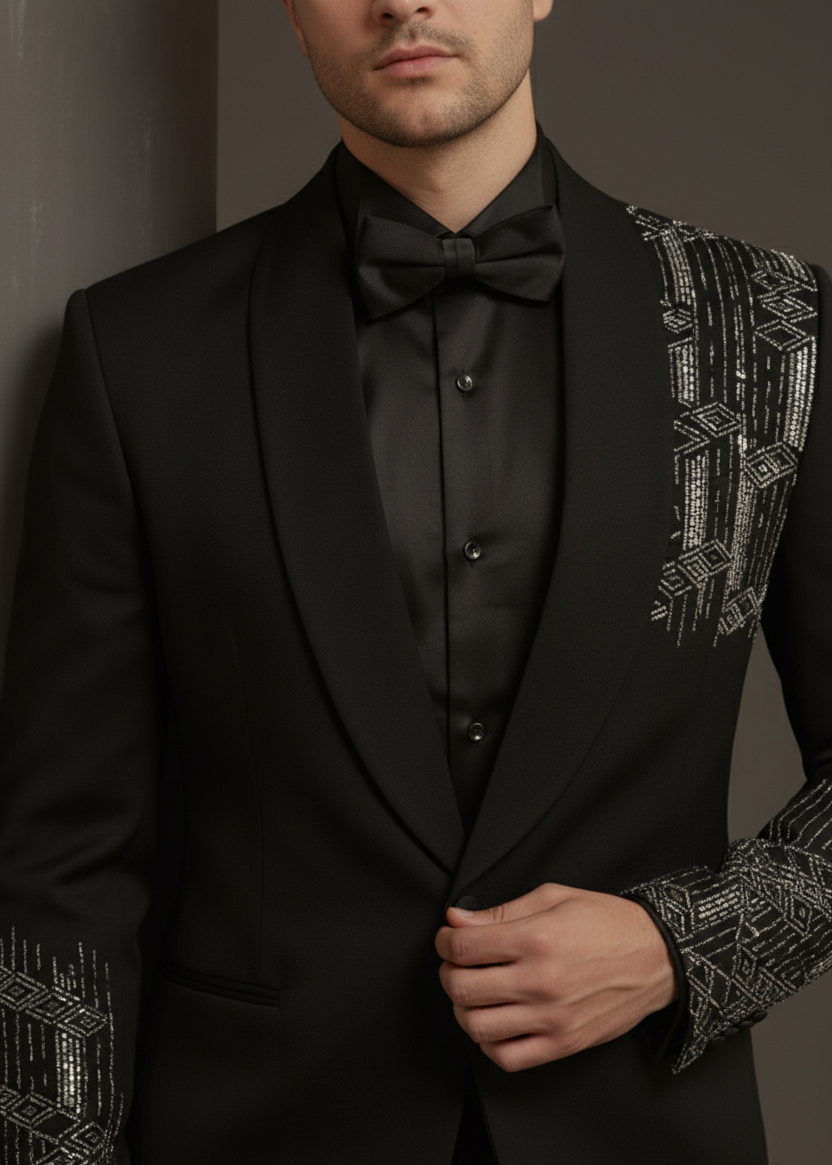 Slim Black Wedding Suit with Geometrical Cutdana Embroidery