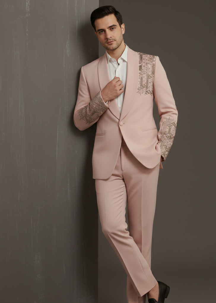 Dusty Pink Embroidered Shawl Lapel Suit