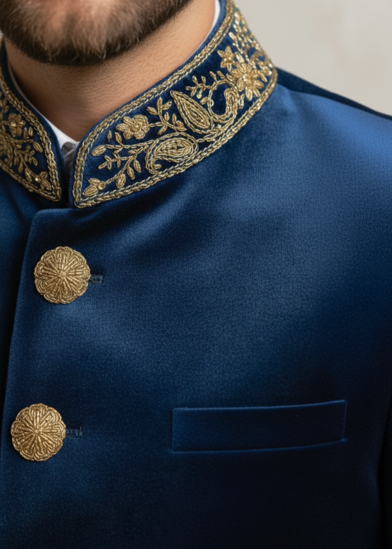 Hand Embroidered Teal Blue Velvet Bandhgala