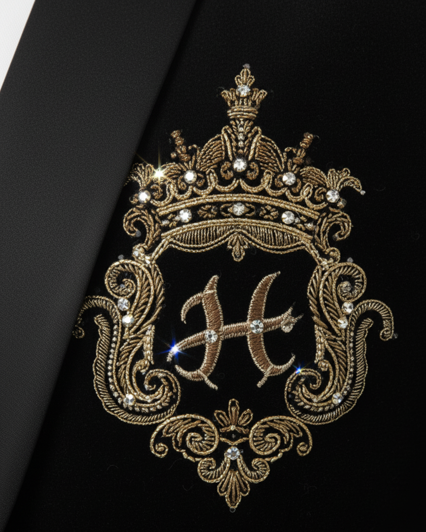 Black Shawl Lapel Tuxedo with Letter Embroidery