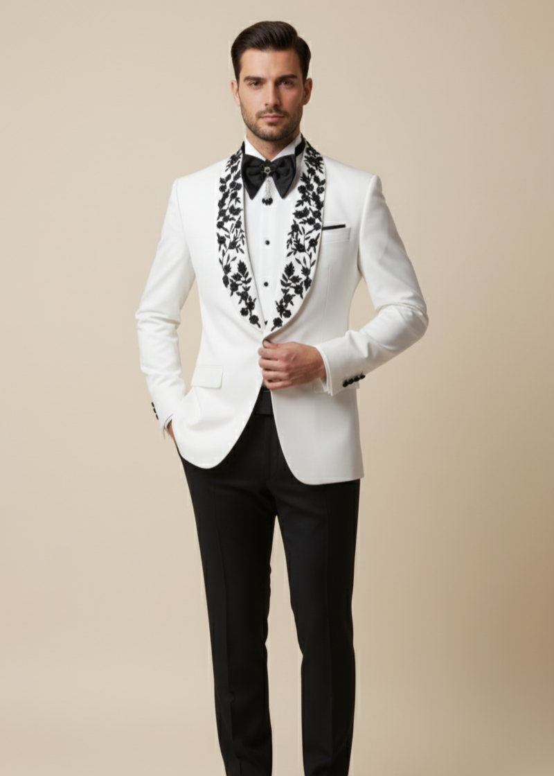 White Shawl Lapel Embroidered Tuxedo in Cutdana