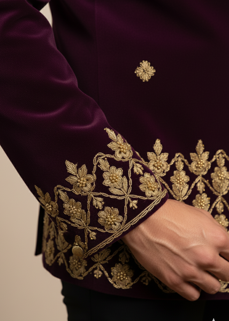 Purple Gold Embroidered Bandhgala Suit