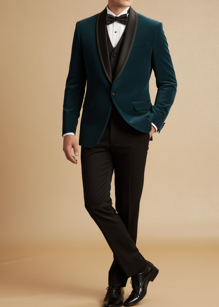 Teal Blue Shawl Lapel Cutdana Embroidered Tuxedo