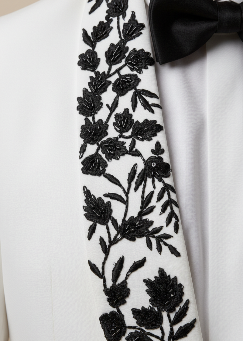 White Shawl Lapel Embroidered Tuxedo in Cutdana