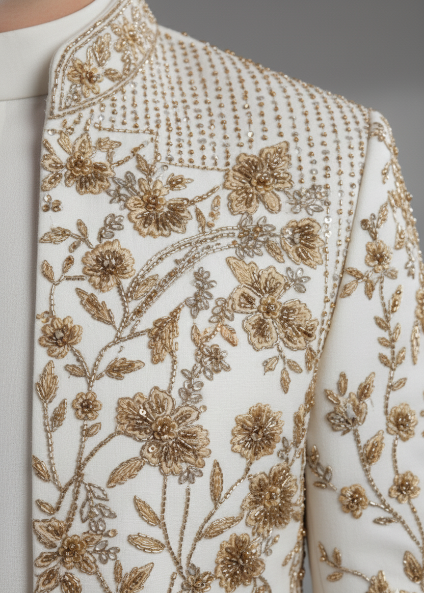 White Indo Western Suit with Gold Zardosi Floral Embroidery