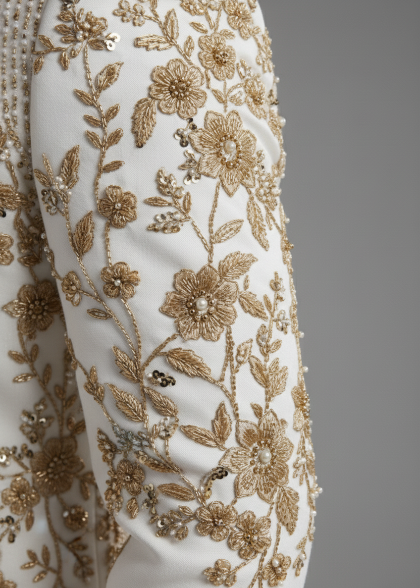 White Indo Western Suit with Gold Zardosi Floral Embroidery