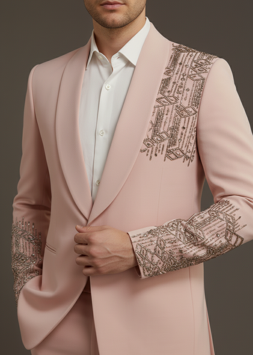 Dusty Pink Embroidered Shawl Lapel Suit